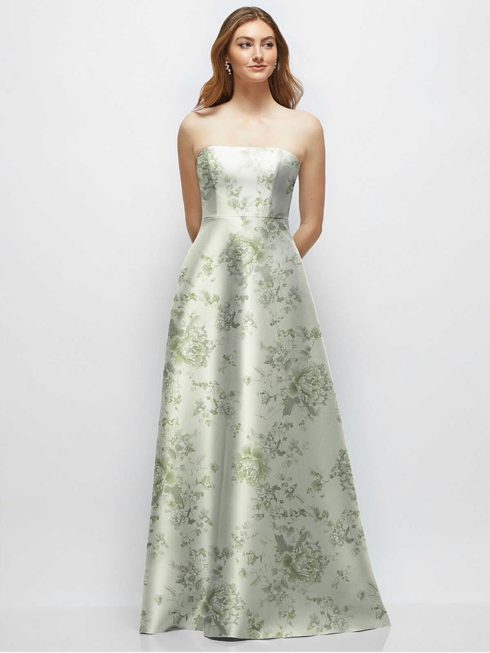 Dessy Group - Floral Satin Gown with Full Skirt in “Sage Cottage Rose”